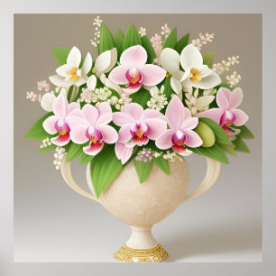 Rosa und weiße Orchideen in einer verzierten Vase Poster