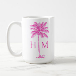 Rosa und weiße Palm-Palmetto-Baum-Monogramm Kaffeetasse