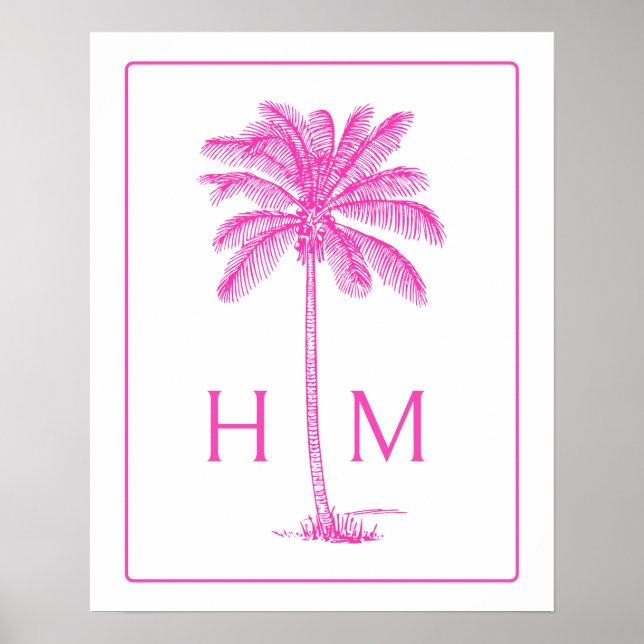 Rosa und weiße Palm-Palmetto-Baum-Monogramm Poster (Vorne)