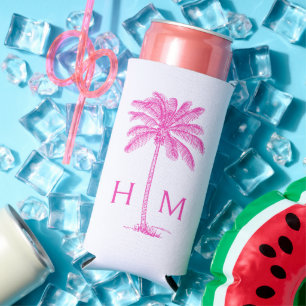 Rosa und weiße Palm-Palmetto-Baum-Monogramm Selters Dosenkühler