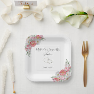 Rosa und Weiße Pfingstrosen-Hochzeit Pappteller