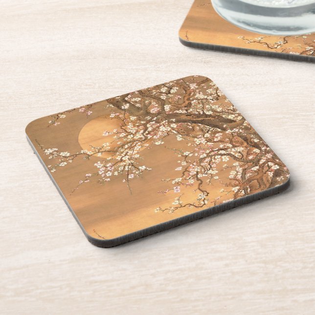 Rosa und weiße Pflaumenblüten im Mondschein, Shiza Getränkeuntersetzer (Linke Seite)