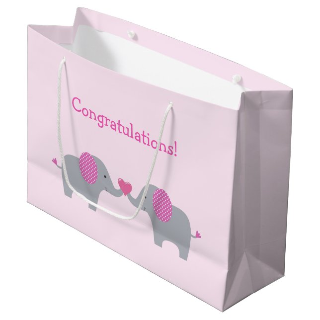 Rosa und weiße Polka Dot Elephant Babydusche Große Geschenktüte (Vorderseite Schrägansicht)