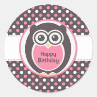 Rosa und weiße Polka Dot Owl Geburtstagsaufkleber