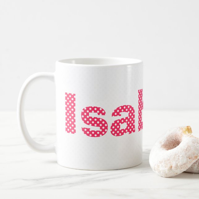 Rosa und weiße Polka Dot Personalisiert Kaffeetasse (Mit Donut)