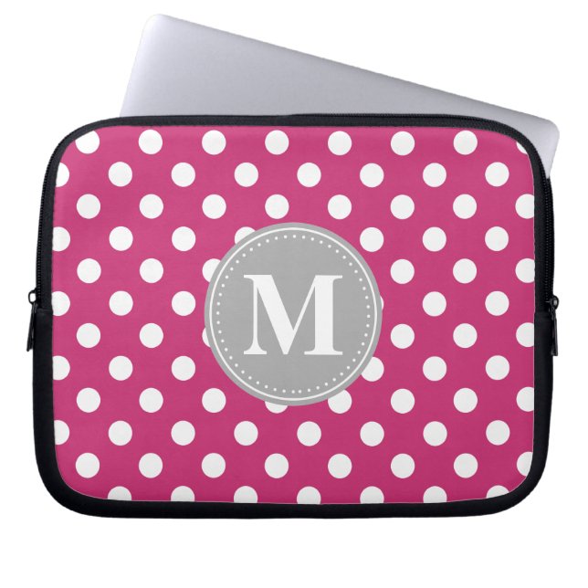 Rosa und weiße Polka Dots Grau Monogramm Laptopschutzhülle (Vorderseite)