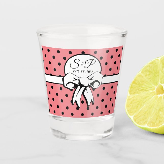 Rosa und weiße Polka Punkte mit einem Bow Personal Schnapsglas (Vorderseite)