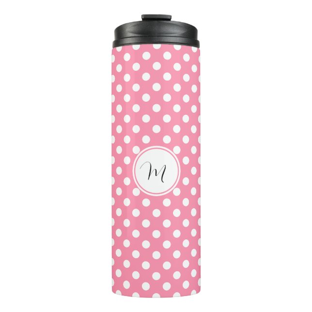 Rosa und weiße Polka-Punkte Thermosbecher (Vorderseite)