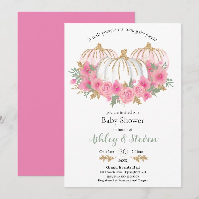 Rosa und weiße Pumpkin Baby Dusche Einladung (Vorne/Hinten)
