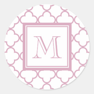 Rosa und weiße Quatrefolie   Ihr Monogramm Runder Aufkleber