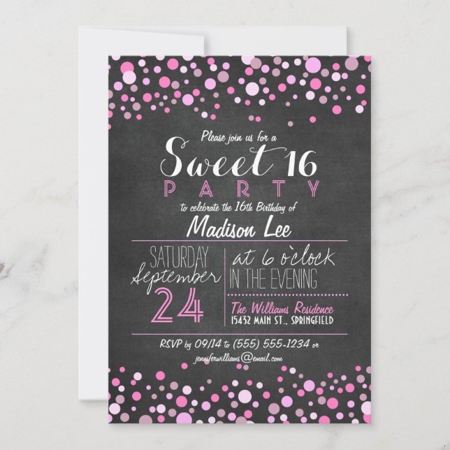 Rosa und weiße Retro-Khalkboard Sweet 16 Party Einladung (Vorderseite)