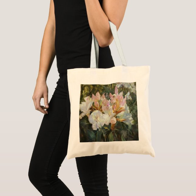 Rosa und weiße Rhododendron Deep Green Folies Tragetasche (Vorderseite (Produkt))