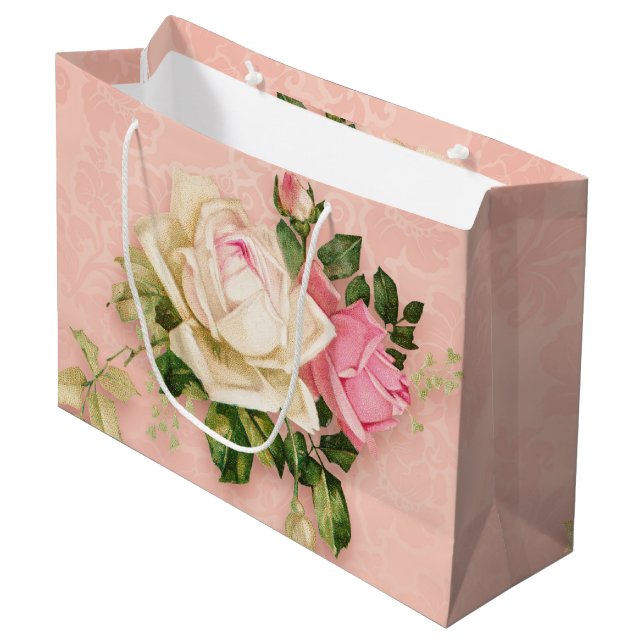 Rosa und Weiße Rose Bouquet Große Geschenktüte (Vorderseite Schrägansicht)