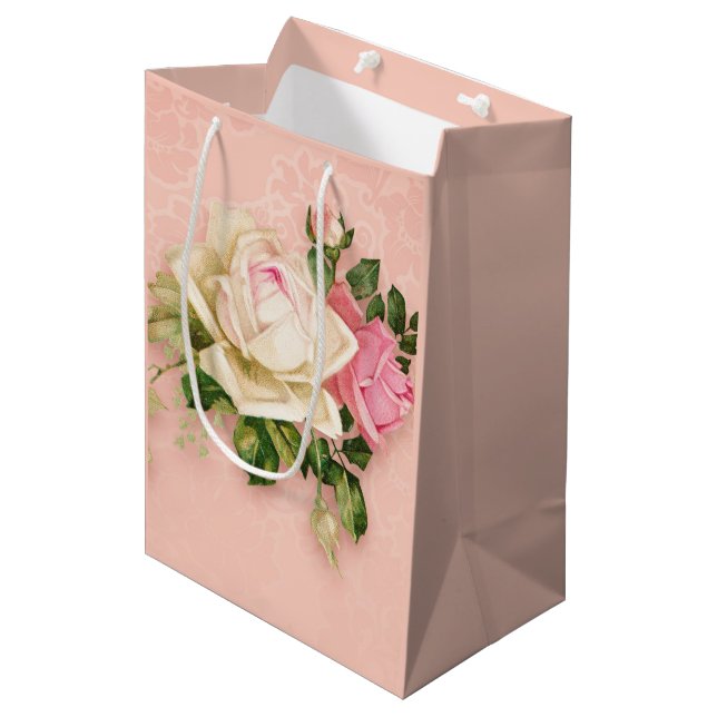 Rosa und Weiße Rose Bouquet Mittlere Geschenktüte (Vorderseite Schrägansicht)