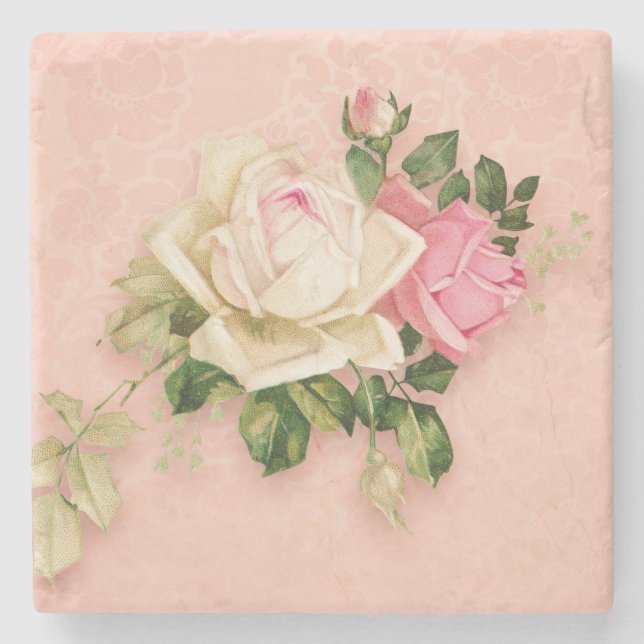 Rosa und Weiße Rose Bouquet Steinuntersetzer (Vorderseite)