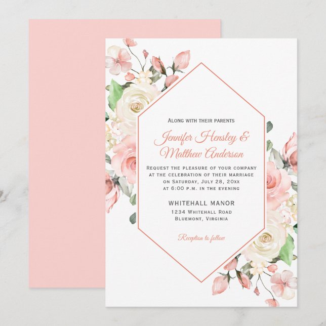 Rosa und weiße Rosen-Rahmen Hochzeit Einladung (Vorne/Hinten)