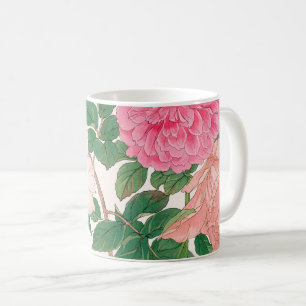 Rosa und weiße Rosenblumen mit grünen Blättern Kaffeetasse