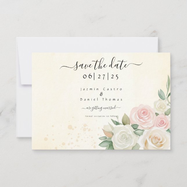 Rosa und Weiße Rosenblüten Save the Date flache Ka (Vorderseite)