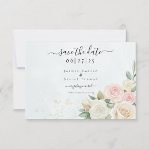 Rosa und Weiße Rosenblüten Save the Date flache Ka