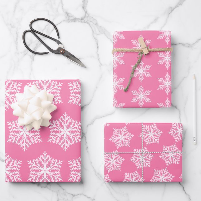 Rosa und weiße Schneeflocken Muster Weihnachten Geschenkpapier Set (Vorderseite)