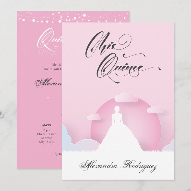 Rosa und weiße Silhouette mit dem Mond Quinceanera (Vorne/Hinten)