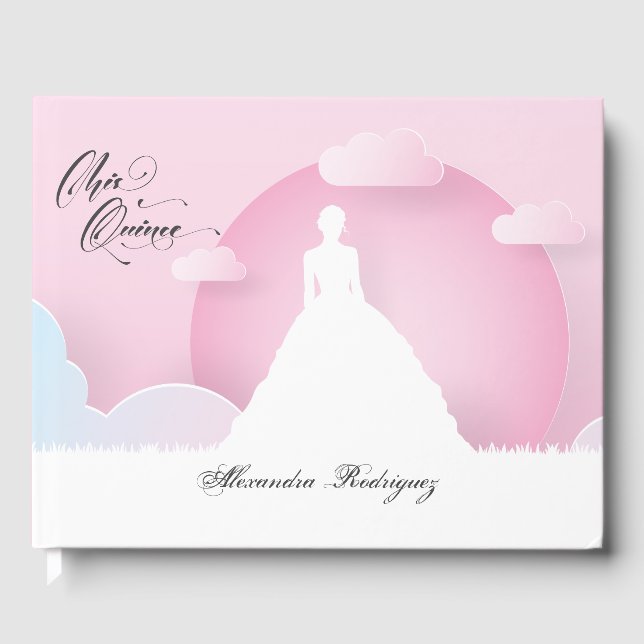 Rosa und weiße Silhouette mit dem Mond Quinceanera Gästebuch (Vorderseite)