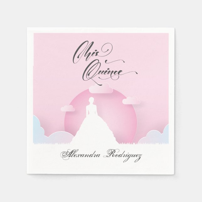Rosa und weiße Silhouette mit dem Mond Quinceanera Serviette (Vorderseite)