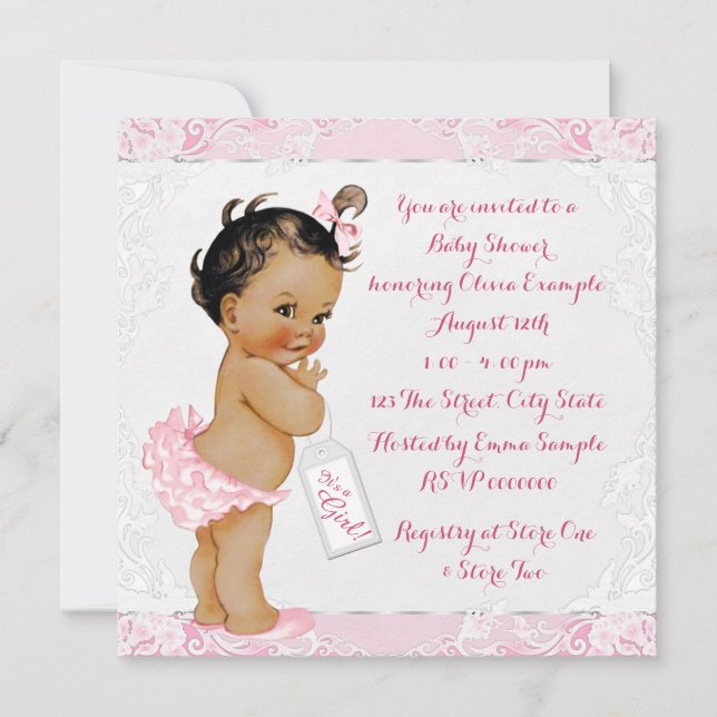 Rosa und weiße Spitzen Ethnic Girl Babydusche Einladung (Vorderseite)