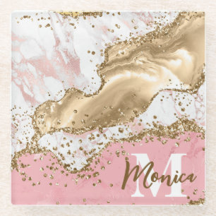 Rosa und weiße Steine und Gold Glitter Achat Monog Glasuntersetzer