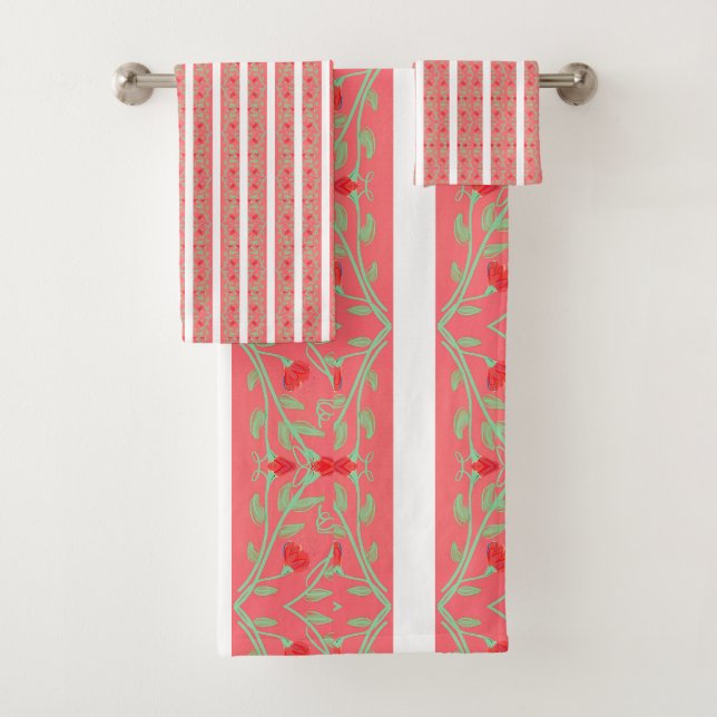 Rosa und weiße Streifen Blumendruck Badhandtuch Set (Insitu)