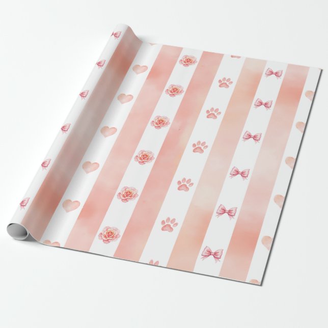Rosa und weiße Streifen - Herz, Rose, Paw Print Geschenkpapier (Ungerollt)