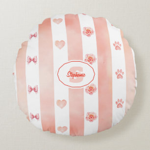 Rosa und weiße Streifen - Herz, Rose, Paw Print Rundes Kissen