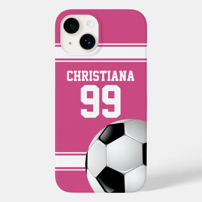 Rosa und weiße Streifen Jersey Fußball Case-Mate iPhone 14 Hülle (Rückseite)