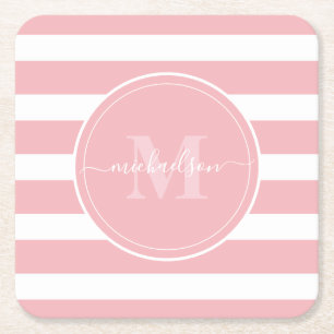 Rosa und weiße Streifen Monogramm Name  Rechteckiger Pappuntersetzer