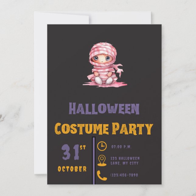 Rosa und weiße Streifen Mummy Black Halloween Einladung (Vorderseite)