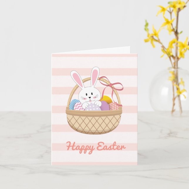 Rosa und weiße Streifen Osterhase im Korb Karte (Gelbe Blume)