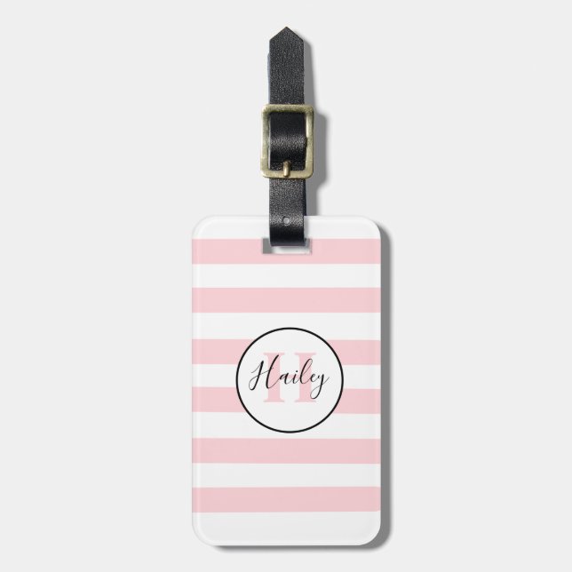 rosa und weiße Streifen trendy monogram Gepäckanhänger (Vorderseite vertikal)