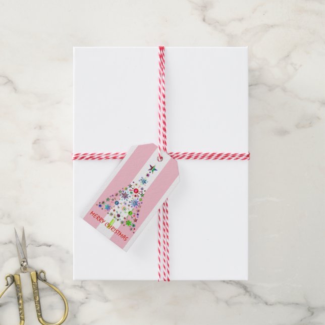 Rosa und weiße Streifen Weihnachtsgrüße Geschenkanhänger (Mit Garn)