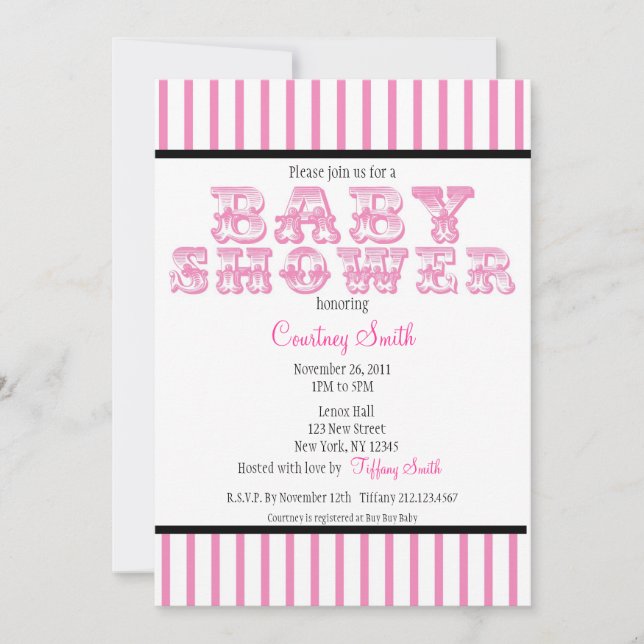 Rosa und weiße Stripe Circus Babydusche Invitati Einladung (Vorderseite)