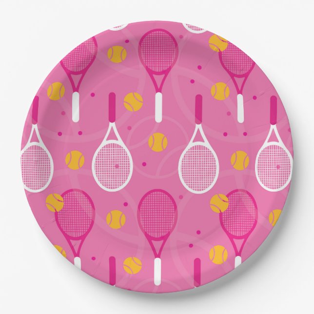 Rosa und weiße Tennisschläger  Pappteller (Vorderseite)