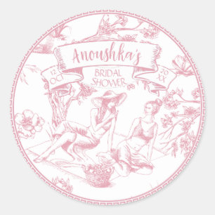 Rosa und weiße Toile de Jouy Brautparty Runder Aufkleber