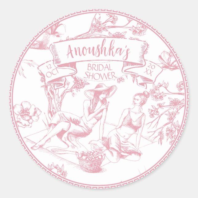 Rosa und weiße Toile de Jouy Brautparty Runder Aufkleber (Vorderseite)