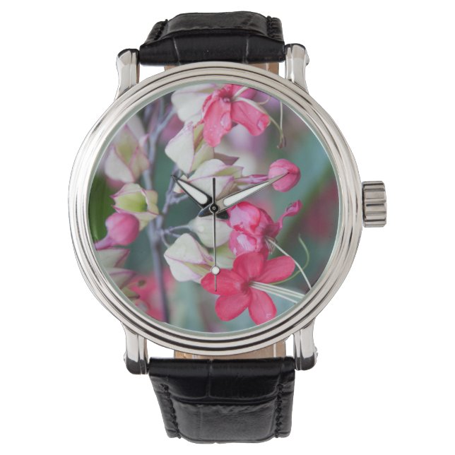 Rosa und weiße tropische Blume Armbanduhr (Vorderseite)