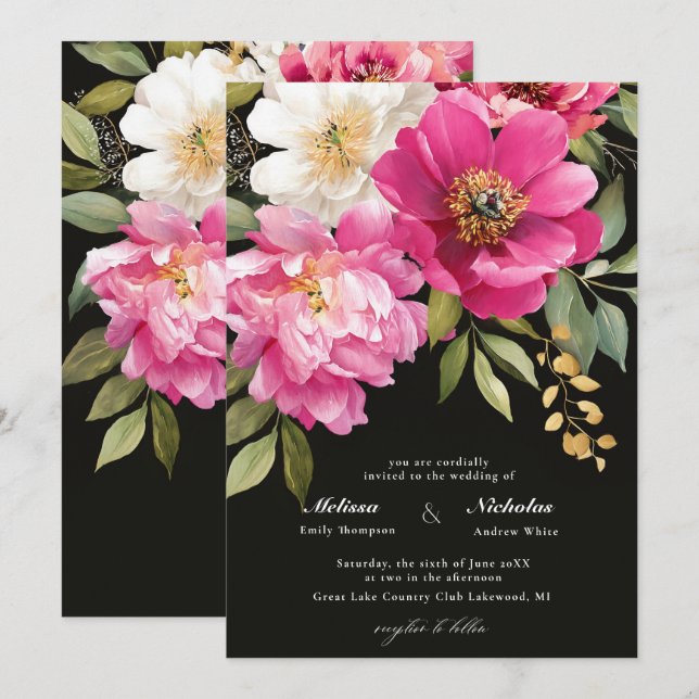 Rosa und weiße Wasserfarben-Blütenhochzeit Einladung (Vorne/Hinten)