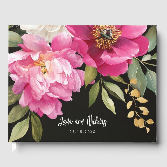 Rosa und weiße Wasserfarben-Blütenhochzeit Gästebuch (Vorderseite)