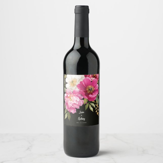 Rosa und weiße Wasserfarben-Blütenhochzeit Weinetikett (Vorderseite)