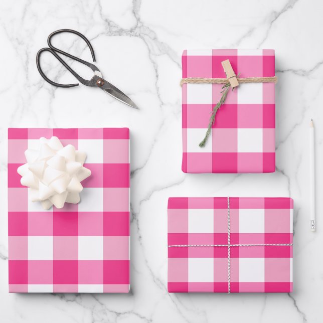Rosa und weißer Gingham Karo Kariert Geschenkpapier Set (Vorderseite)