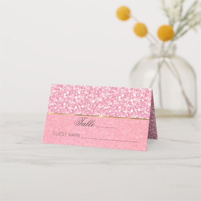 Rosa und weißer Glitzer Goldstreifen Platzkarte (Vorderseite)