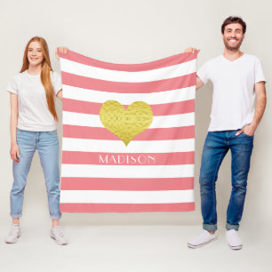 Rosa und weißer Gold Herz Musterdruck Name Fleecedecke