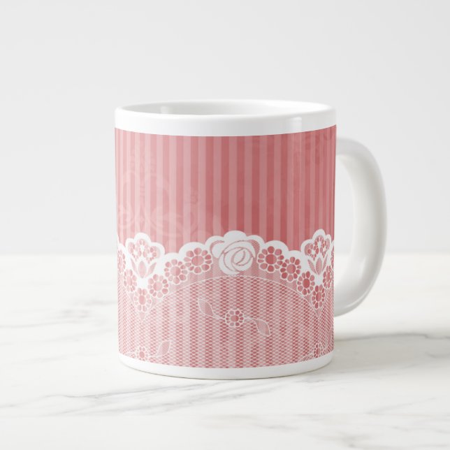 Rosa und weißer Hintergrund mit schwarzer Spitze Jumbo-Tasse (Vorderseite Rechts)